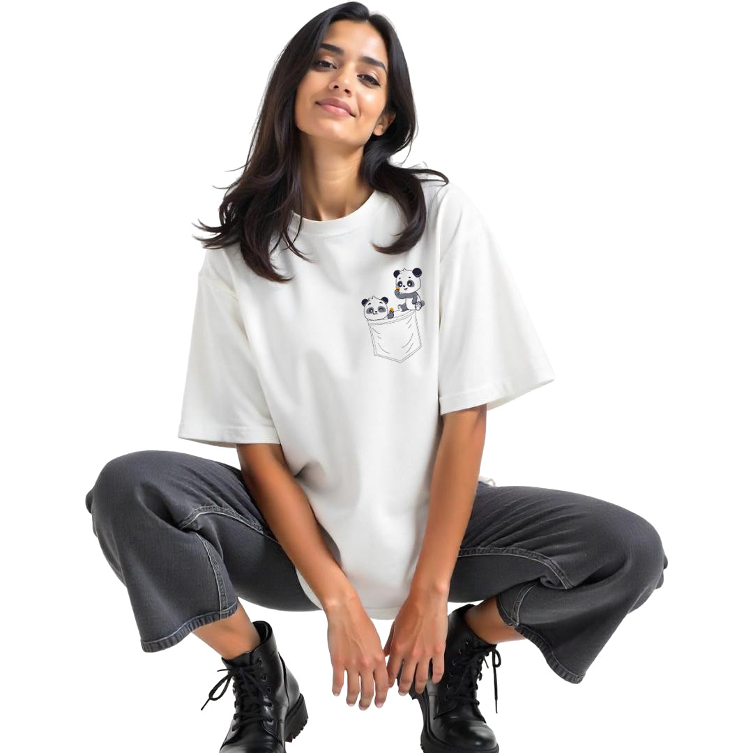 Pocket Panda Buddies Printed Premium Heavy Oversized T-Shirt